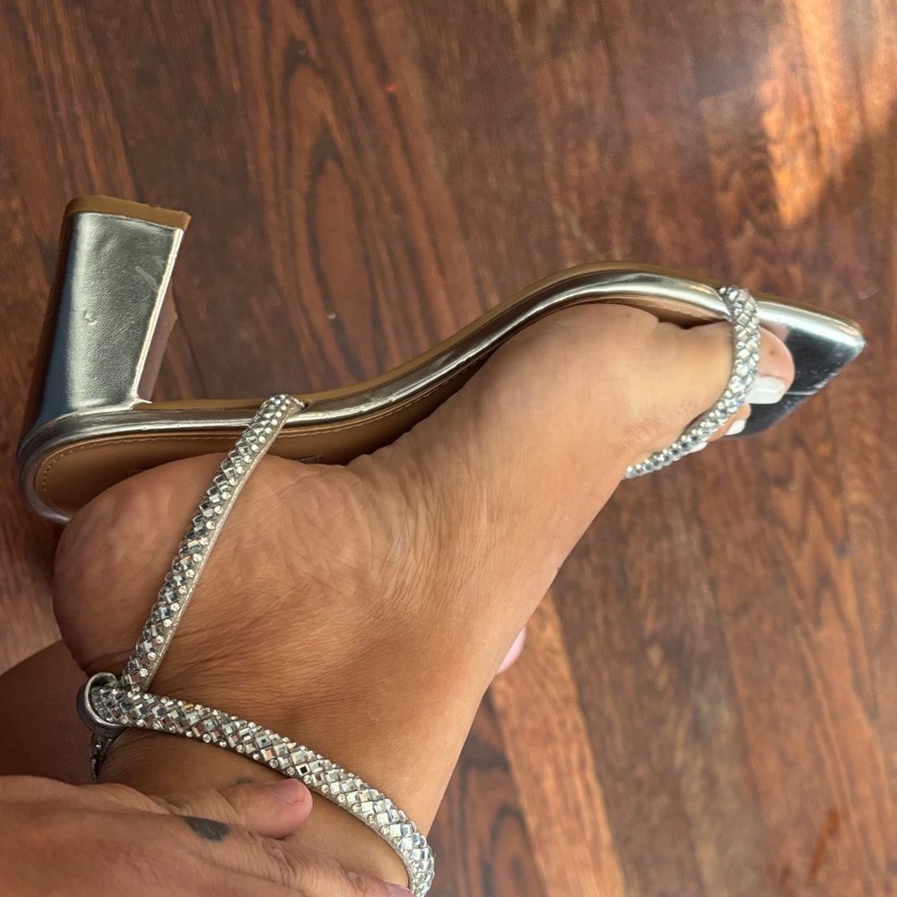Steve Madden Silver Rhinestone Strappy Block Heel Sandals